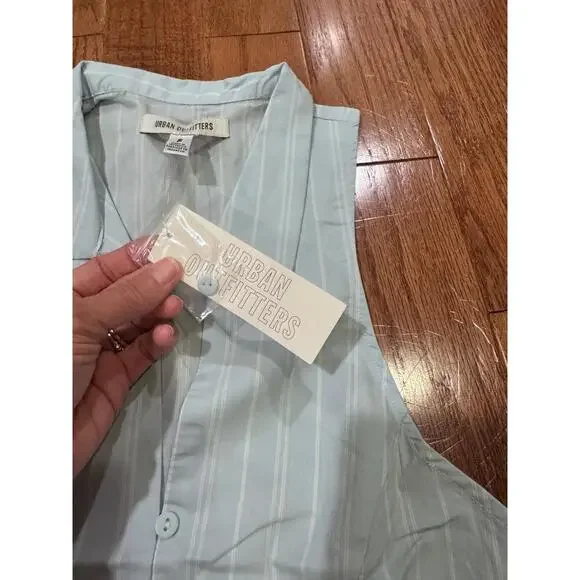 NWT Urban Outfitters Blue White Striped Pattern Folded Collar Sleeveless ButtonU - Picture 7 of 7